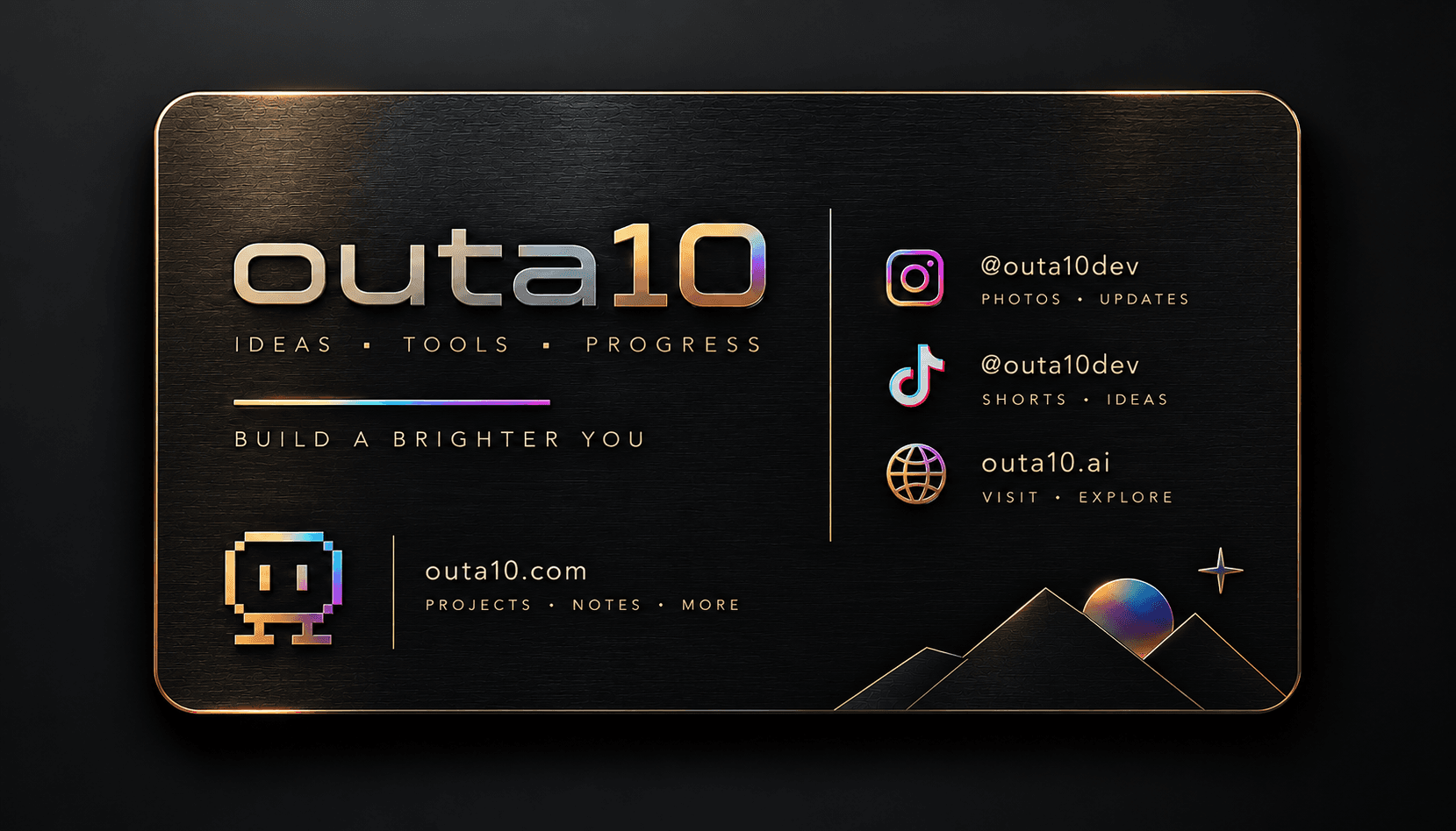 outa10 business card in brushed black metal with gold and iridescent details